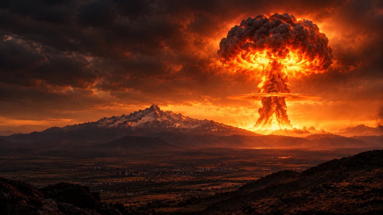 A mushroom cloud rising beyond dark mountains at dusk.